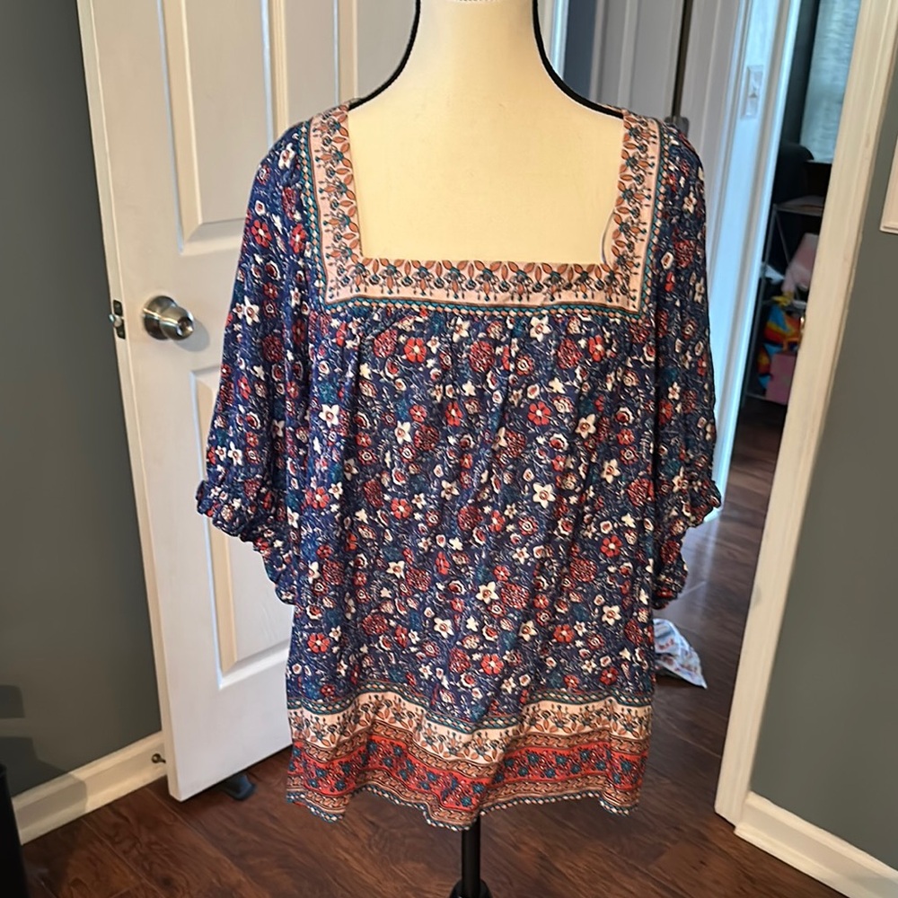 Knox Rose Floral Square Neck Blouse - Blue and Red